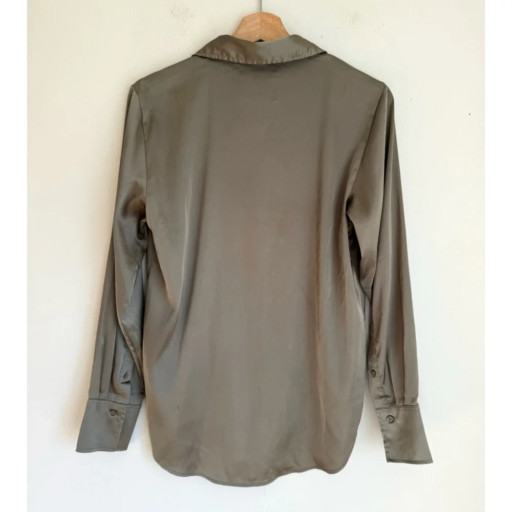 H&M Satin Button-Down Blouse in Muted Olive Green